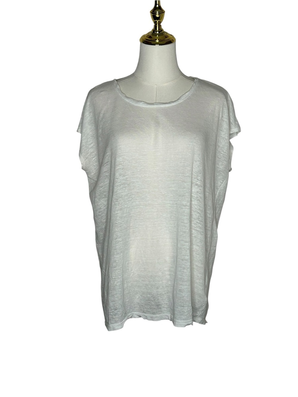 Tahari Lagenlook Linen White Relaxed Short Sleeve Button BackTop Minimalist Sz L